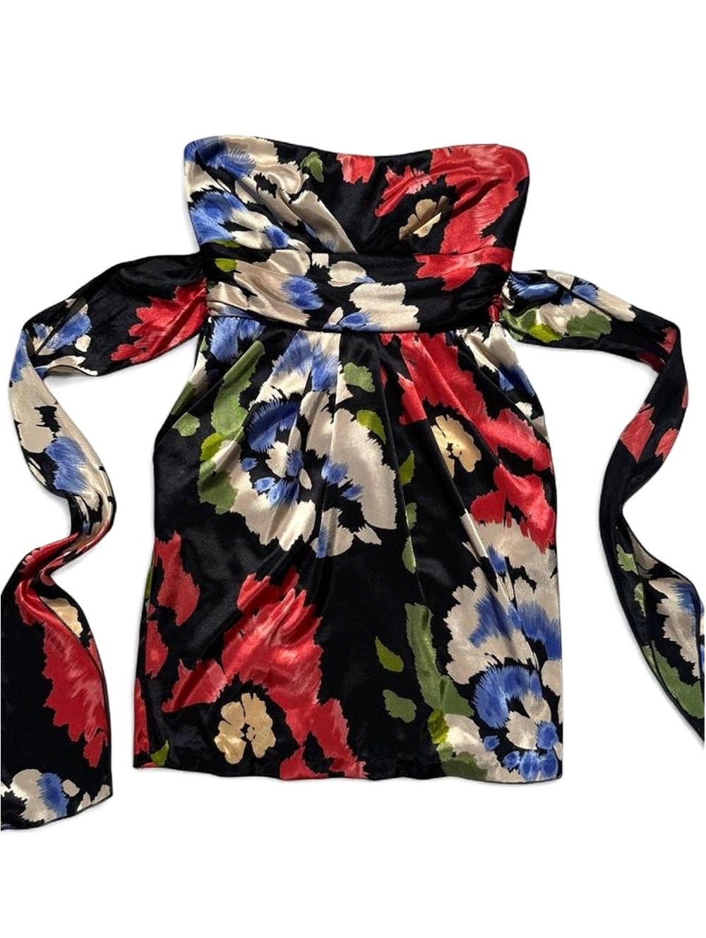 Y2K Strapless Floral Satin Mini Dress Black Sash Bow Party Cocktail Dress